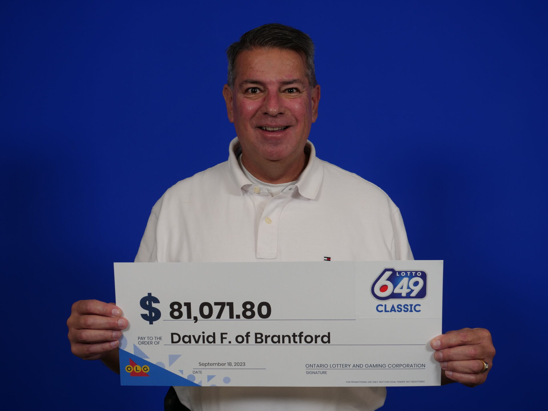 David Frame from Brantford won a LOTTO 6/49 second prize worth $81,071.80 in the August 30, 2023 LOTTO 6/49 draw. Photo courtesy OLG.